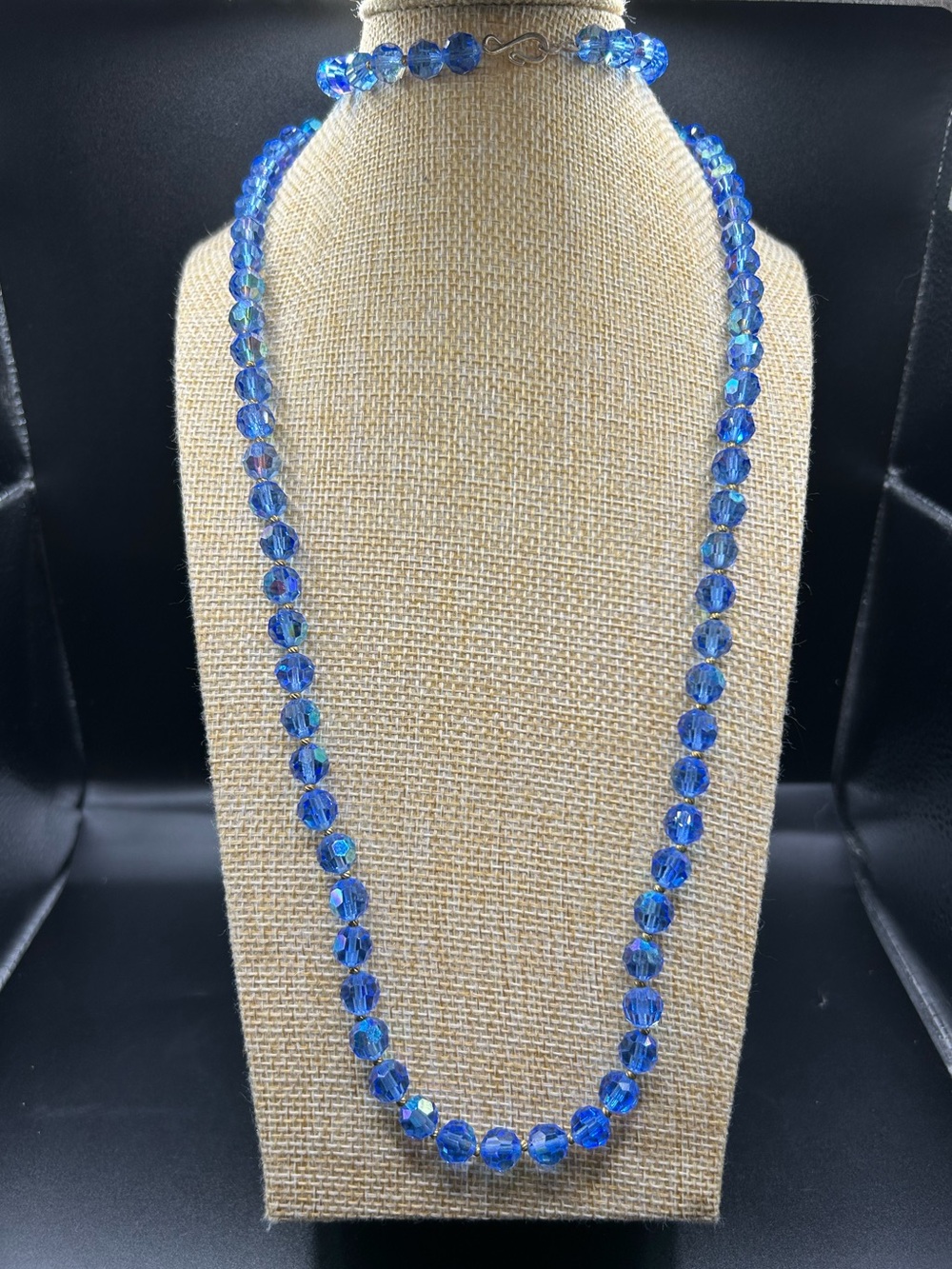Vintage blue crystal glass faceted bead necklace 36”